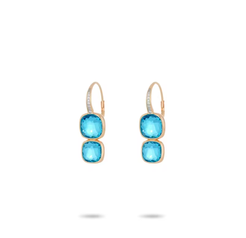Rose Gold Two-Tier Sky Blue Topaz Cushion Drop Earrings