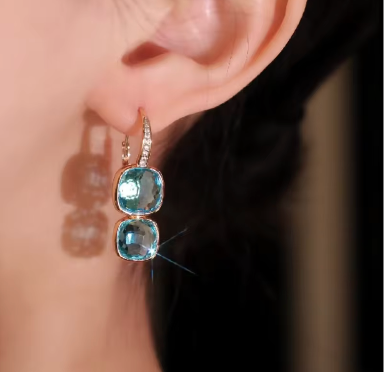 Rose Gold Two-Tier Sky Blue Topaz Cushion Drop Earrings