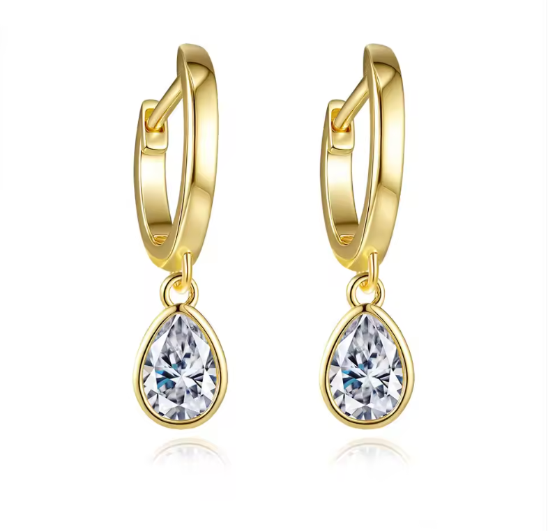 Gold Bezel-Set Pear Solitaire Drop Hoop Earrings