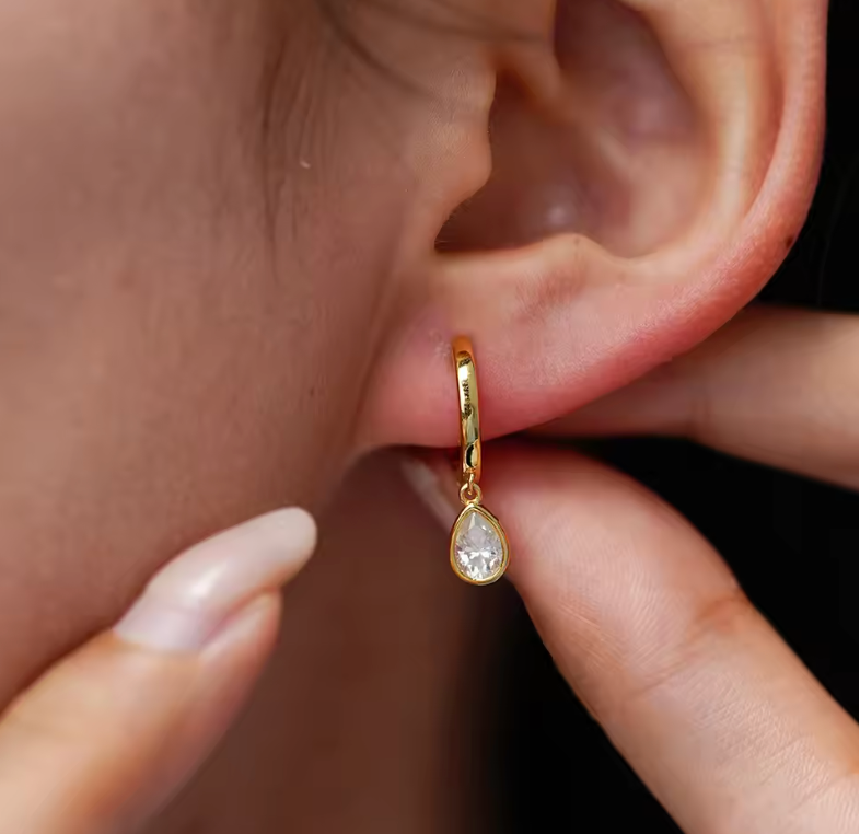 Gold Bezel-Set Pear Solitaire Drop Hoop Earrings