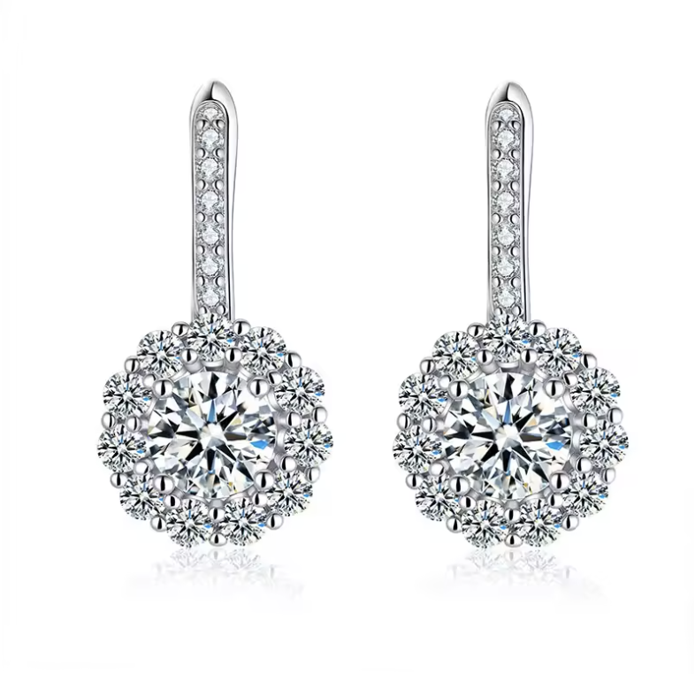 White Gold Brilliant Round Solitaire Floral Halo Drop Earrings