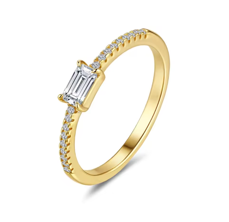 Gold Emerald-Cut Solitaire Pavé Promise Ring