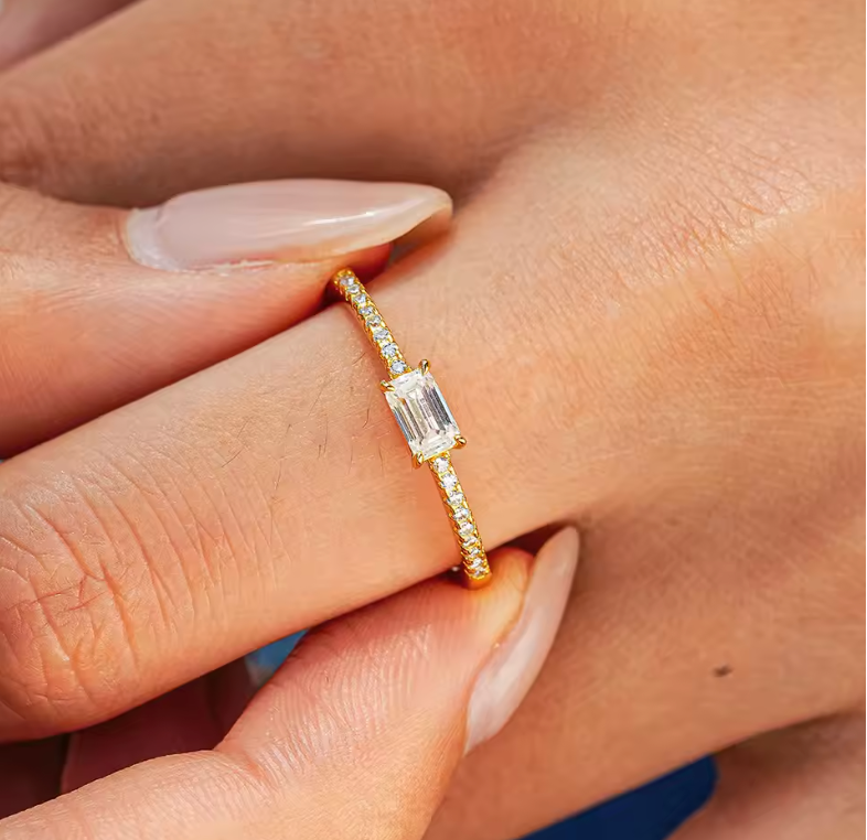 Gold Emerald-Cut Solitaire Pavé Promise Ring