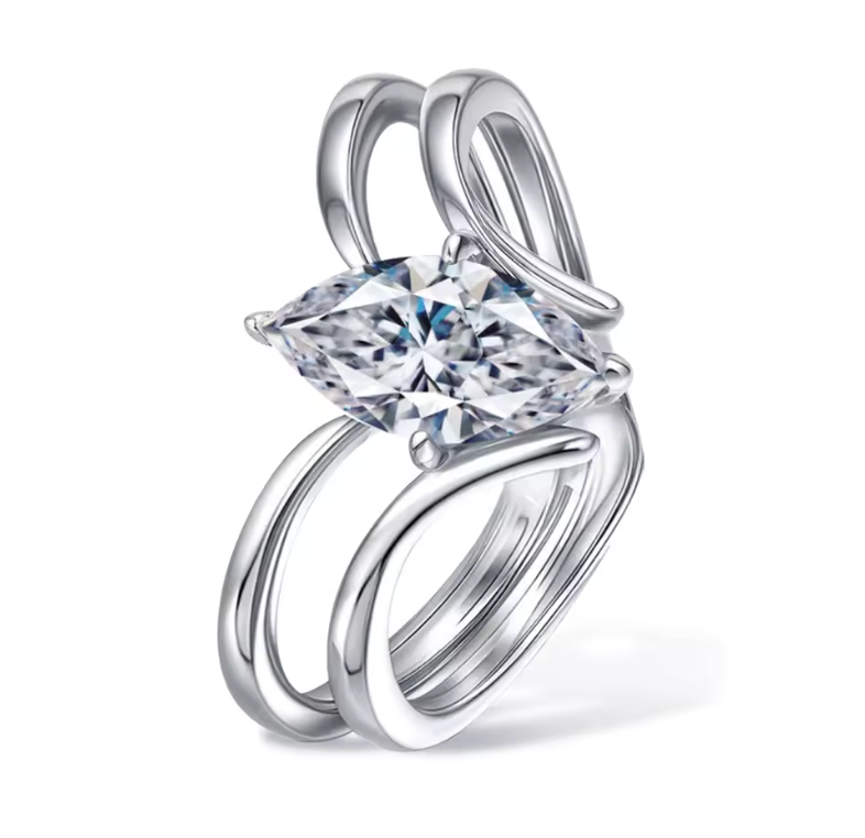 White Gold Floating Marquise Fluid Bypass Wave Ring