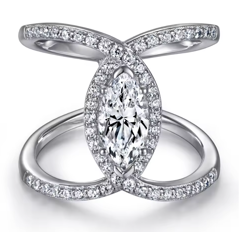 White Gold X-Shape Cross-Over Marquise Halo Cocktails Ring