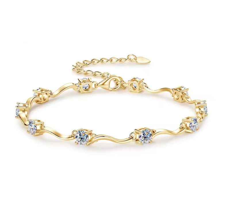 Gold Fluid Wave Link Round Solitaire Bracelet